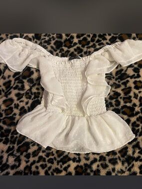 Moa Moa White Swiss Dot Smocked Off-Shoulder Top